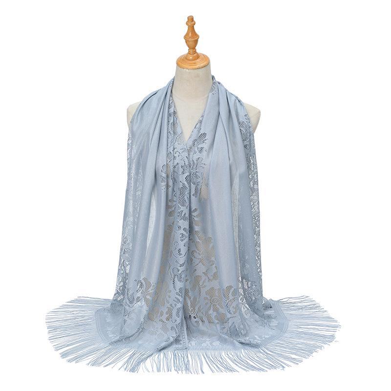 

Европейский и американский однотонный шелковый шарф-хиджаб с кисточками и кружевом - летняя шаль для женщин светло-серый