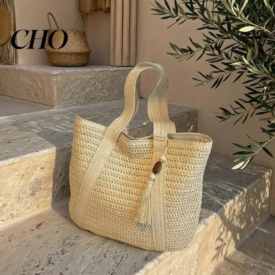 Large Capacity Tote Bag Woven Shoulder Bag, Commuter Durable for Women Summer Beach Tote, Lightweight Purse Vacation Street Work Stylish Solid Color