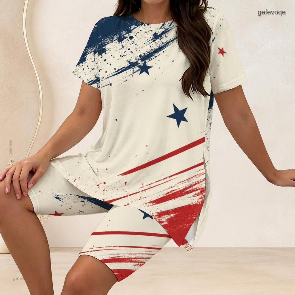 Women Plus Size 2 Piece Set Crew Neck Short Sleeve Side Slit Top Biker Shorts Red Blue Gold Star Paint Print Outfit