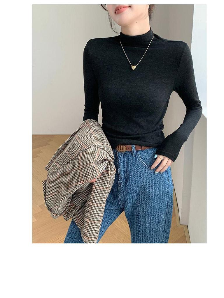 Women's Soft & Fluffy Cashmere Long-Sleeve Base Shirt with Half-High Collar for Spring, Autumn & Winter - Warm Fleece Inner Wear.