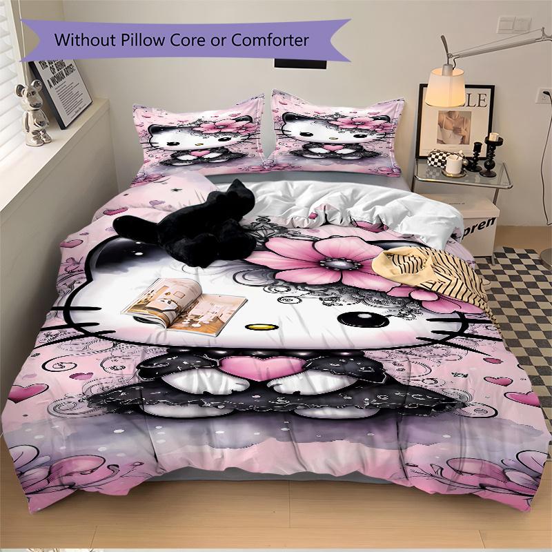 3pcs Pink Flowers & Hello Kitty Printed Bedding Set, Soft and Comfortable Quilt Cover for Bedroom, Guest Room (Not Included).S070
