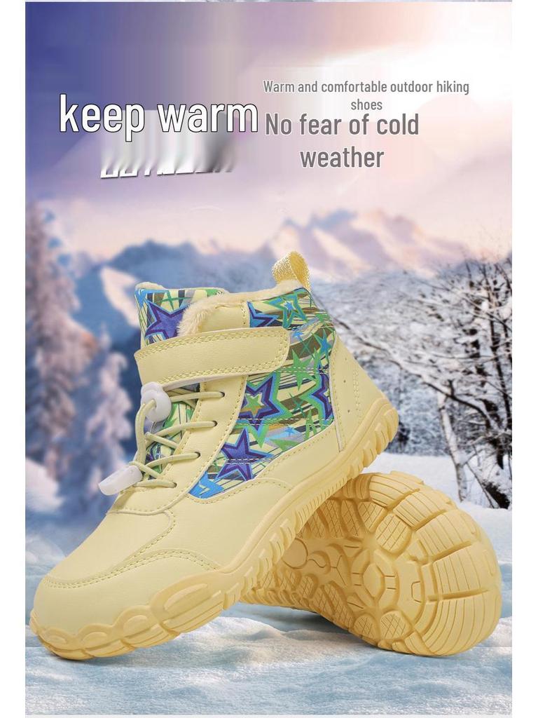 Cross-border Waterproof Non-Slip Winter Barefoot Cotton Shoes for Children: Warm, Velvet-Lined Snow Boots for Boys and Girls (Middle and Big Kids)