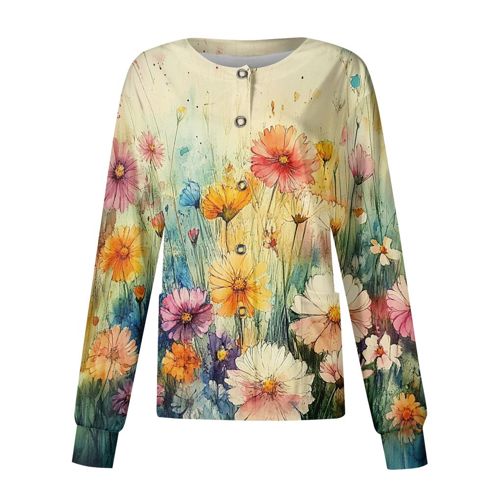 Women's Casual Long Sleeve Single Breasted Floral Print Caregiver Cardigan Top Lightweight Button Up Shirt for Daily Wear