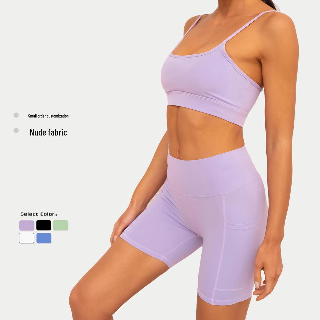 European & American Sports Camisole with Double Pocket Shorts - Stylish, Sexy Back, Thin Straps, Ideal for Fitness & Yoga.