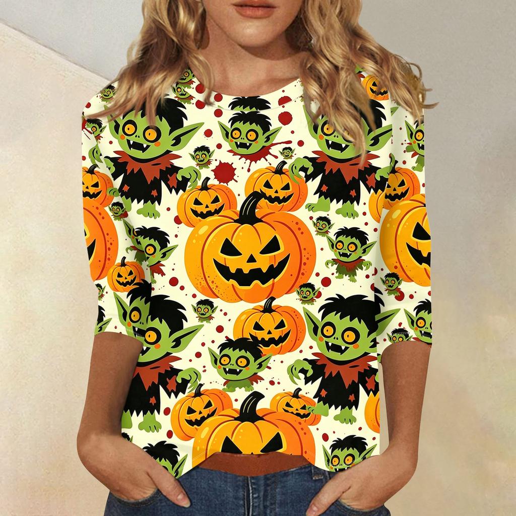 Women Casual 3/4 Sleeve Halloween Print Crew Neck Top Lightweight Soft Fabric Comfortable Fit Stretchy Material