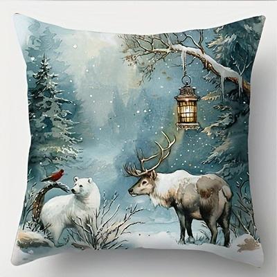 Home Decor Christmas Winter Forest & Snow Creatures Pattern Cushion Cover Suitable For Sofa Bedroom Car Pillow Cover