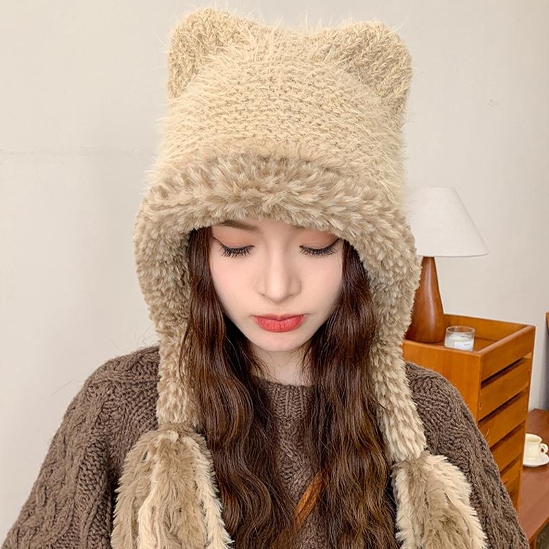 New Winter Windproof Warm Cute Bear Ear Knit Hat With Soft Ear Protection
