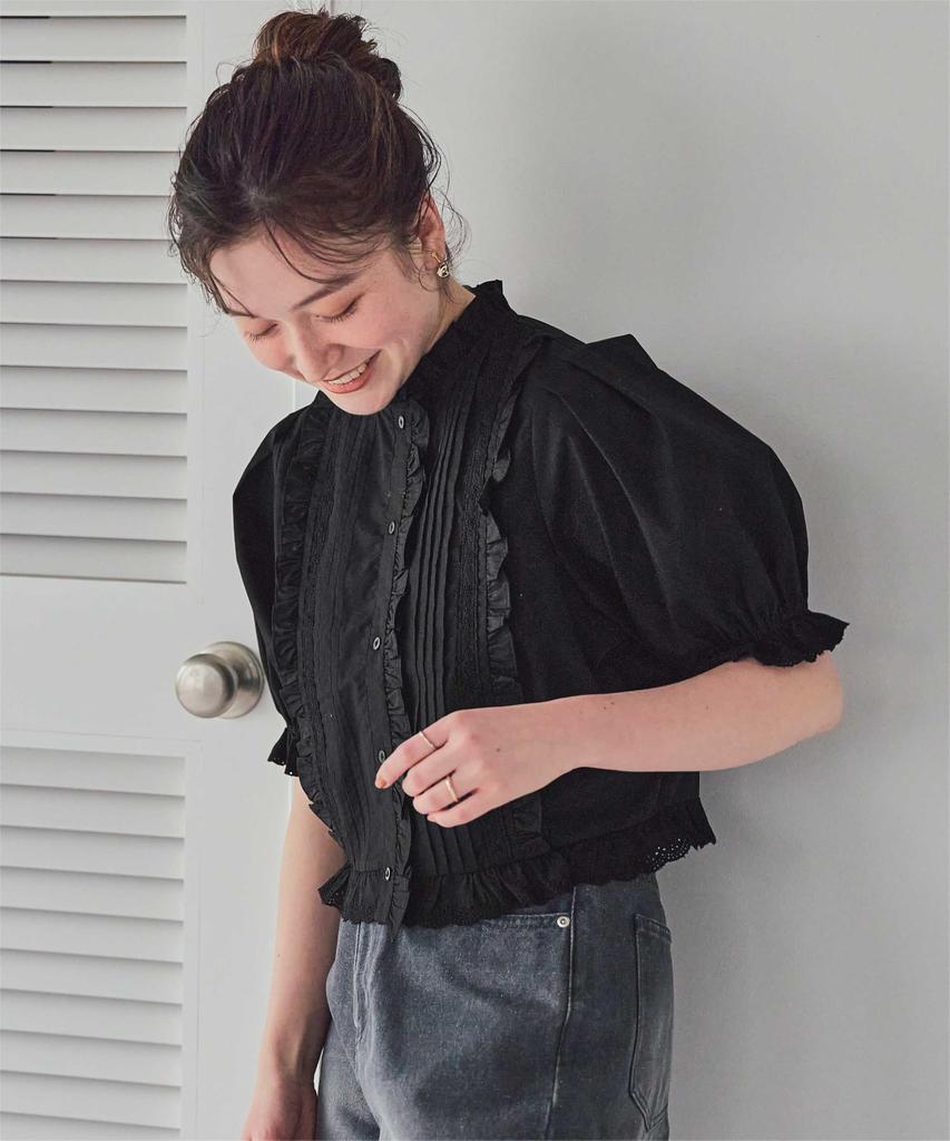 Titibait Ruffle Lace Design Blouse AFXP4267 L Black Women's