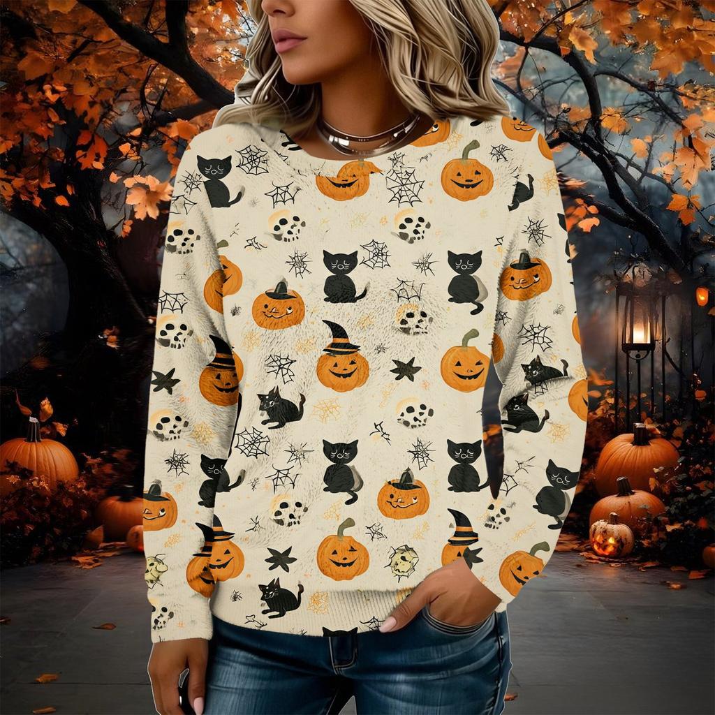 Women's Flannel Long Sleeve Top with Halloween Print Neck Pullover Shirt