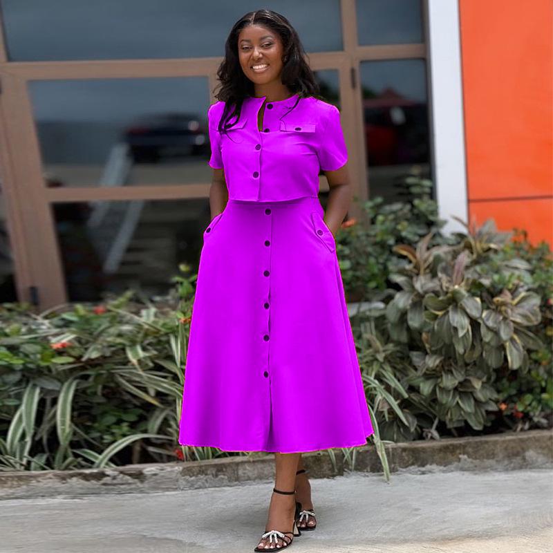 

Женский комплект из топа с круглым вырезом и юбки на пуговицах с высокой талией 2024 года S фиолетовый