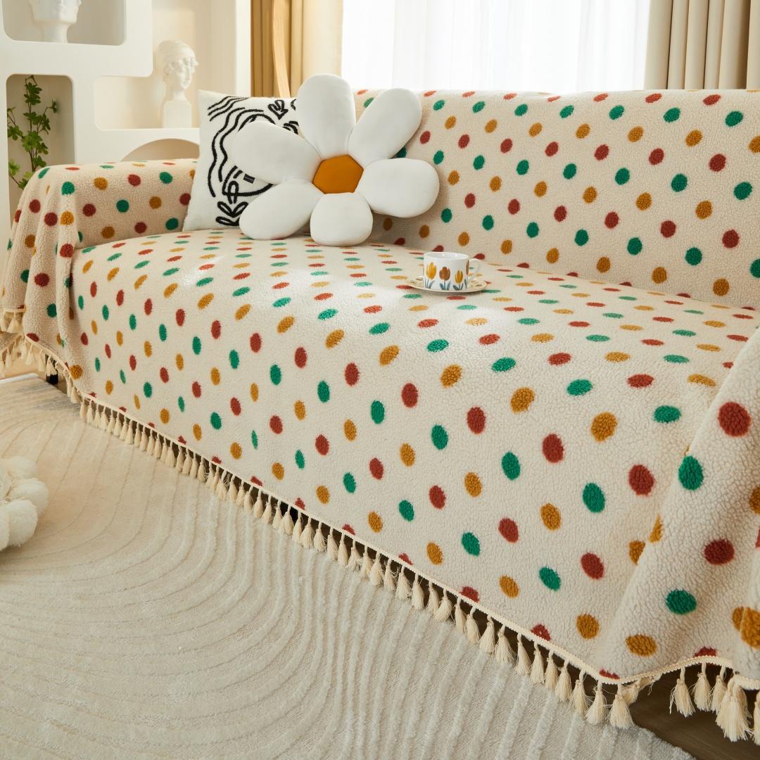 

Colorful Dots Sherpa Thicken Warm Sofa Towel with Tassels, for Christmas Vibe Living Room Decor Couch Leisure Blanket Sofa Cover 165x130cm
