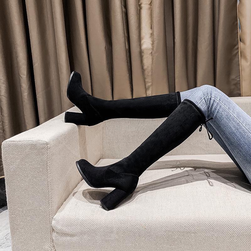 Knielange Stiefel aus elastischem Wildleder mit hohen Absätzen für Damen - Herbst/Winter 2024 Lange Stiefel mit runder Spitze