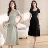 Elegant Green Square Neck Tea Break Dress: Short-Sleeved, Waist-Cinching, High-Class Summer Arrival