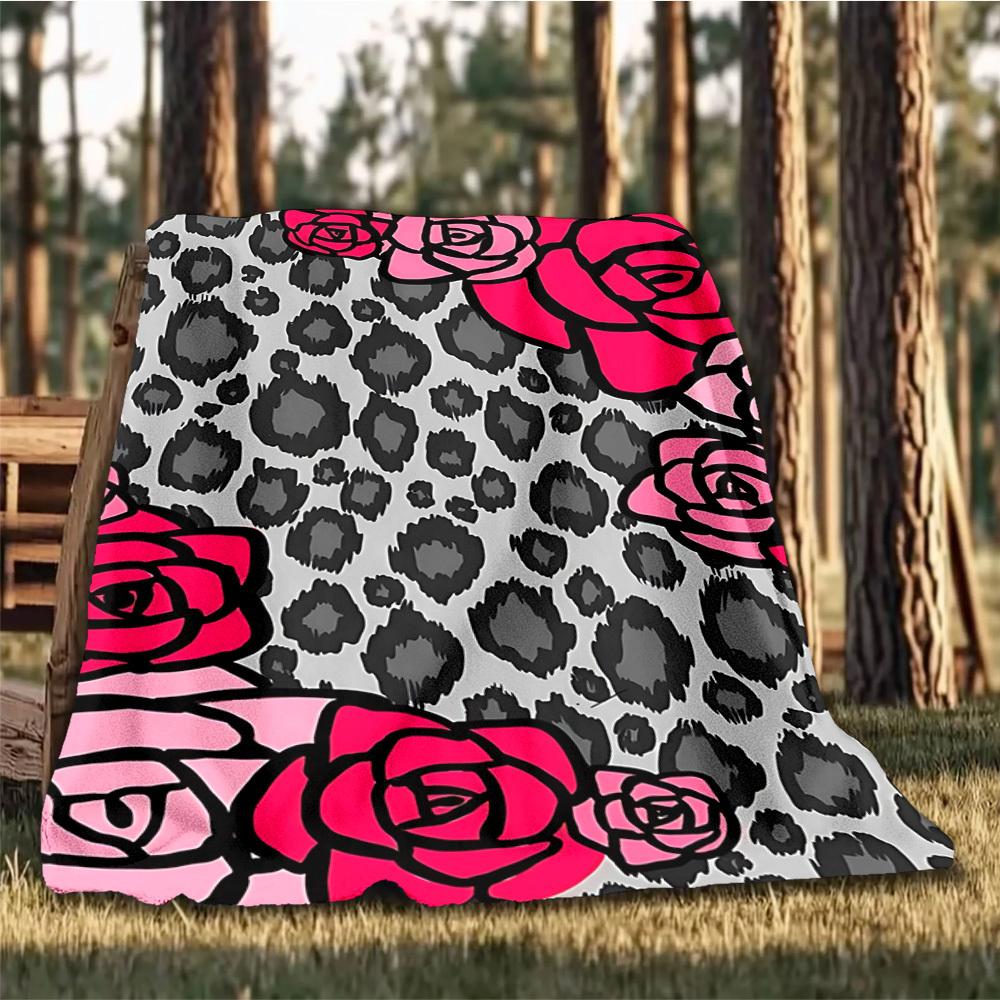 1pc Leopard Roses Pattern Outdoor Flannel Blanket , Machine Washable Perfect Gift for Birthday , Holiday Travel Accessory , Durable Material