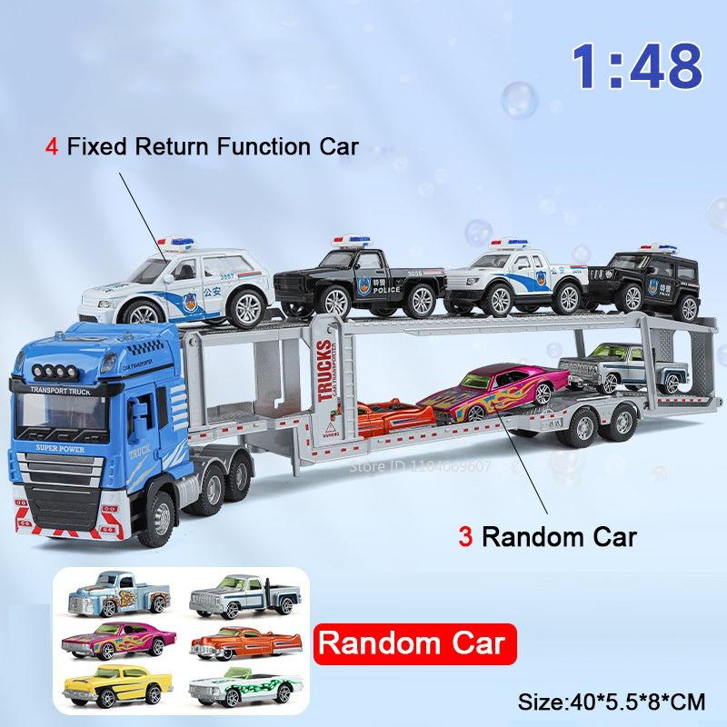 1:48 Double Decker Trailer Toy Models Metal Diecast Flatbed Truck Mounted Excavator Toys Sound Light Doors Opened for Boys Gifts