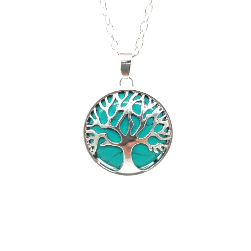 Multi-Color Hollow Natural Stone Pendant Item Round Alloy Tree Of Life Necklace Elegant And Fashionable