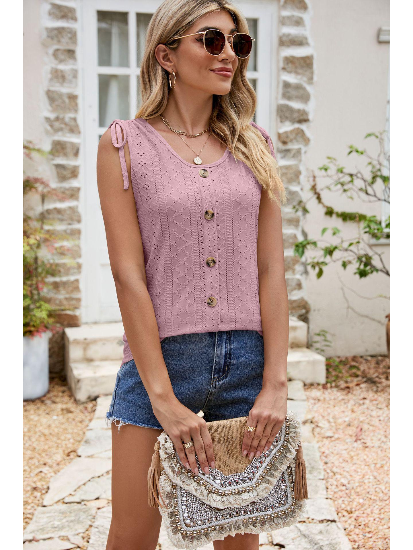 

Летняя европейская и американская женская мода 2024 года, ажурная майка на шнурке без рукавов с пуговицами S