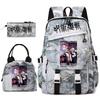 Anime Jujutsu Kaisen Backpack Set for Girls 3pcs School Bookbag Lunch Bag Pencil Case Casual Travel Rucksack