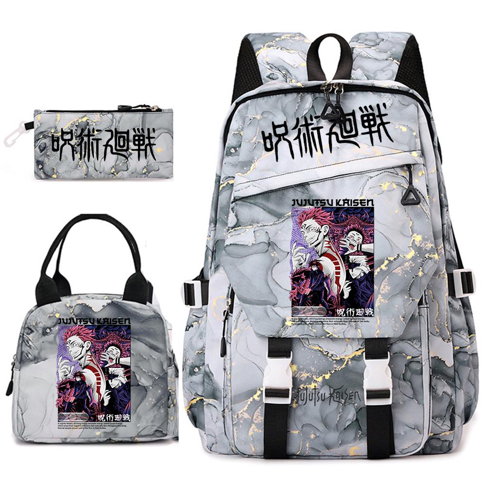 Anime Jujutsu Kaisen Backpack Set for Girls 3pcs School Bookbag Lunch Bag Pencil Case Casual Travel Rucksack