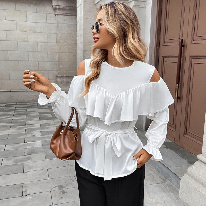 Elegant Off-the-Shoulder Ruffled Satin Blouse with Long Sleeves (Spring/Autumn 2025 Collection)