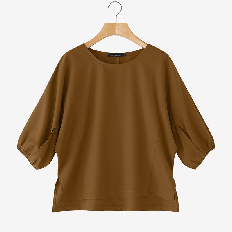 

ZANZEA Женская летняя блузка с круглым вырезом, однотонная, с рукавами 3/4, свободного кроя 4XL хаки