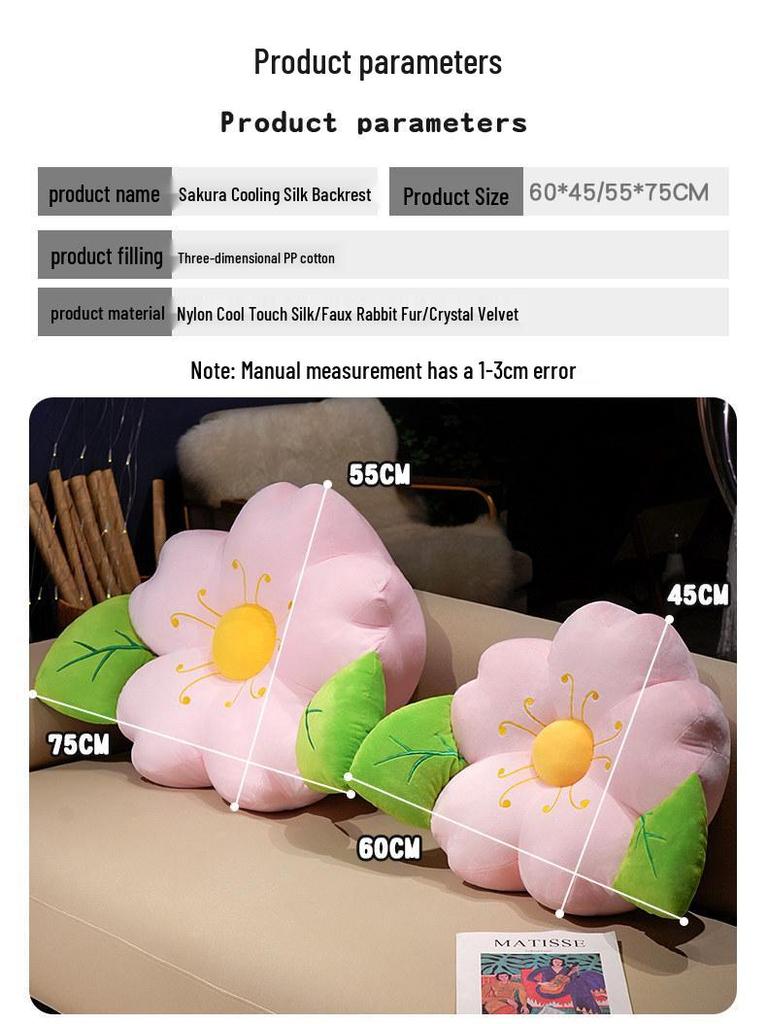 Cherry Blossom Flower Backrest Pillow - Ice Silk Decor Cushion for Sofa or Bay Window, Summer Girlish Design.