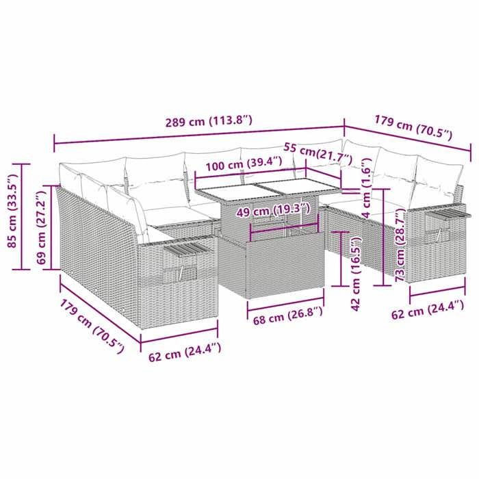 VidaXL Salon de jardin 10 pcs avec coussins marron résine tressée 3326544