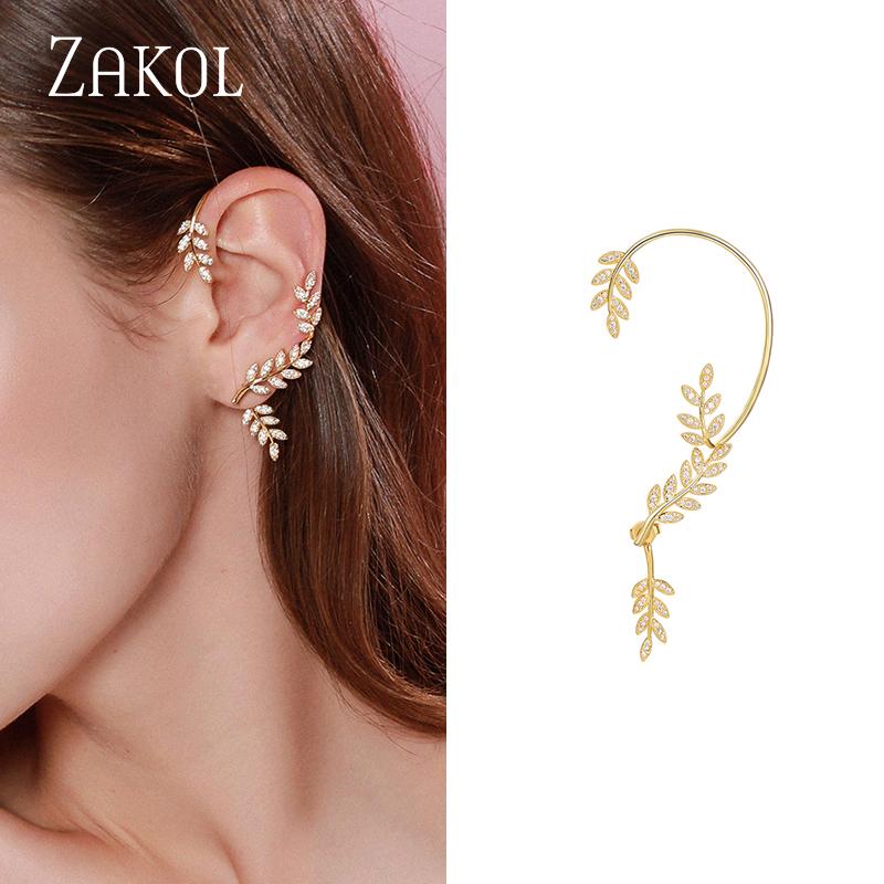 ZAKOL Gold Color Plated Metal Leaf Clip Earrings for Women Ear Clips Without Piercing Sparkling Zircon Ear Cuff Fashion Zircon