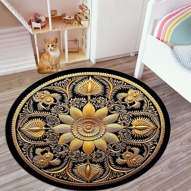 Gold Sun Mandala Round Rug, Black Gold Bohemian Luxury Carpet, Artistic Floor Mat for Home Decor, Meditation Yoga Rug