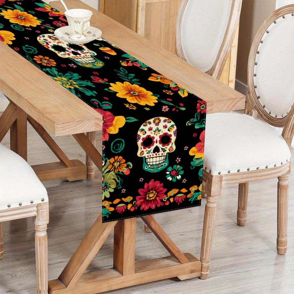 Mexico Day of The Dead Colorful Floral Sugar Skull Linen Table Runner Mexican Dia De Los Muertos Table Runners Party Decorations