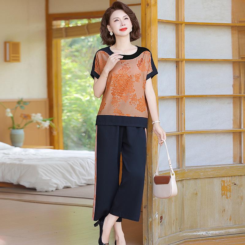 

Mom s Summer Chiffon Short-Sleeved Suit: Elegant Two-Piece Top + Pants for Middle-Aged and Elderly Women XL [for 80-95 jin]