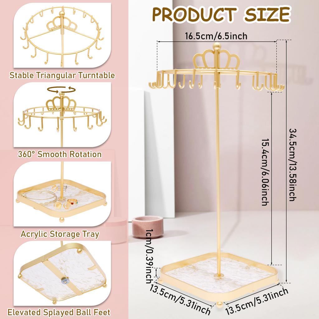 Rotating Necklace Holder Stand 360° Rotation Iron Necklace Organizer Stand with Acrylic Tray and 18 Hooks Jewelry Display Stand