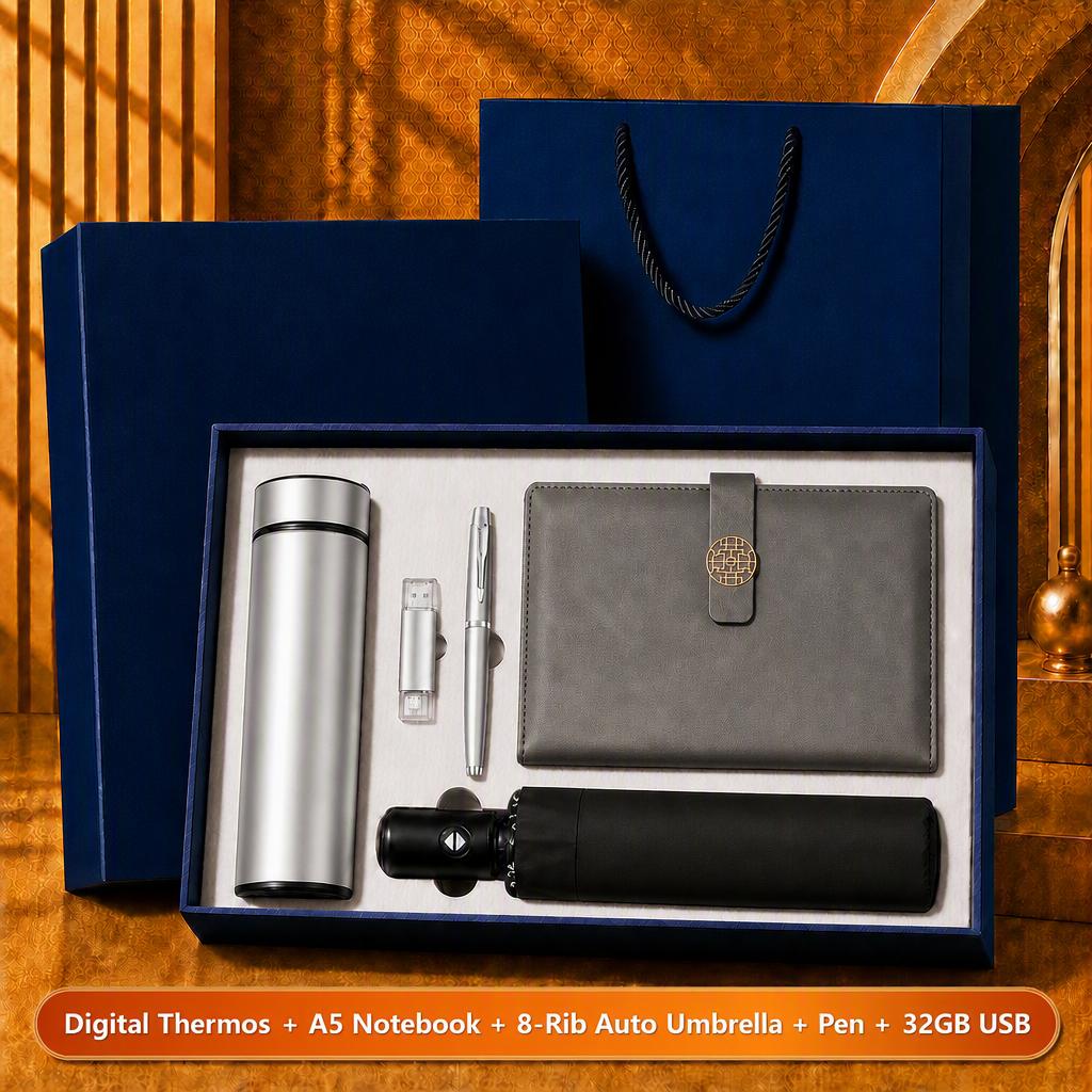 Custom Logo 7-in-1 Business Gift Set Power Bank Bluetooth Speaker Vacuum Flask 304 Stainless Steel Silver Gift Box
