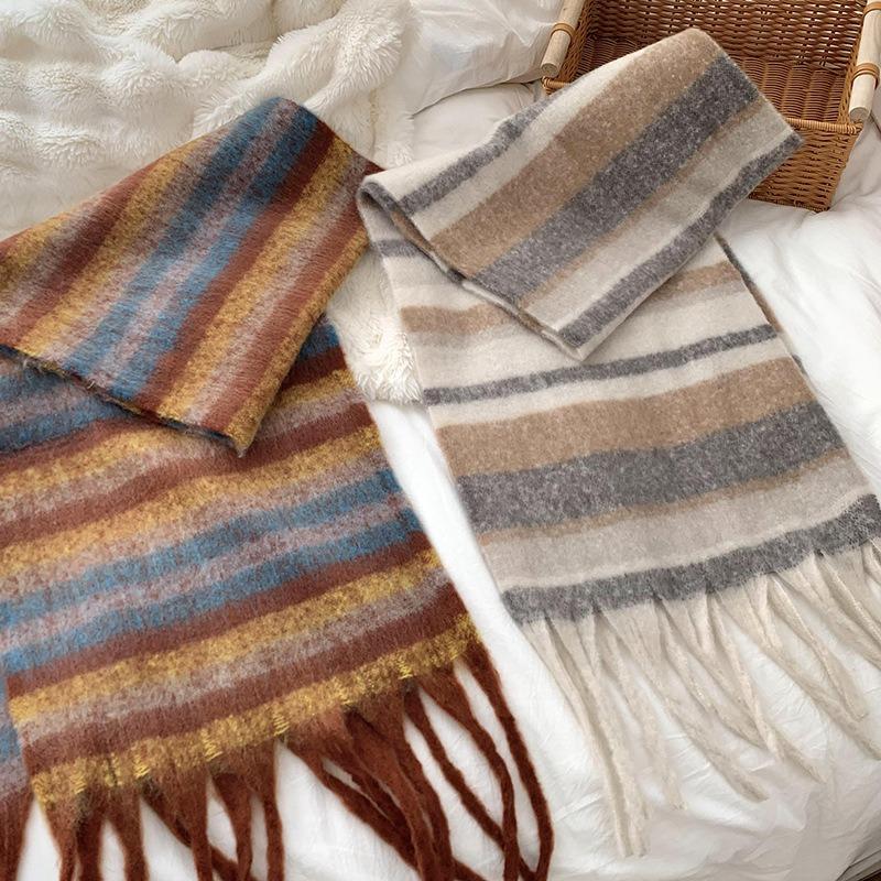Scarf women's winter high-end sense new couple thickened warm color striped scarf scarf shawl