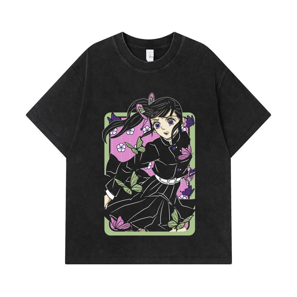 Koszulka z nadrukiem Kanao 275 GSM, 100% bawełny, z nadrukiem Demon Slayer V77, unisex, z grubej bawełny