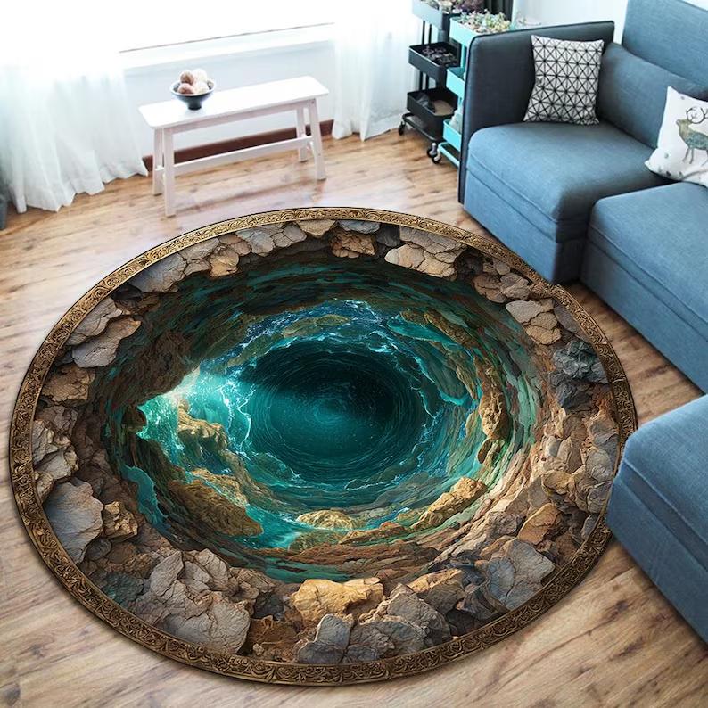 3D Vortex Round Rug, Ocean Water Whirlpool Design 3D Ocean Hole Round Rug Illusion Carpet Unique Living Room Home Decor Rugs