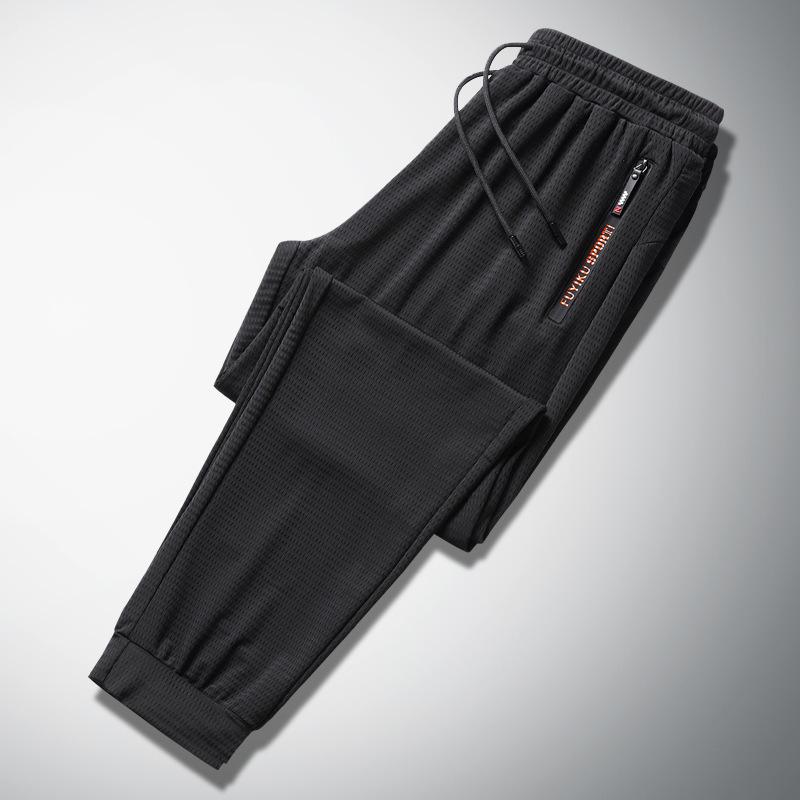 

Мужские тонкие повседневные брюки из черного ледяного шелка на весну-лето и осень, свободные прямые брюки на плоской подошве с завязками на щиколотке XS