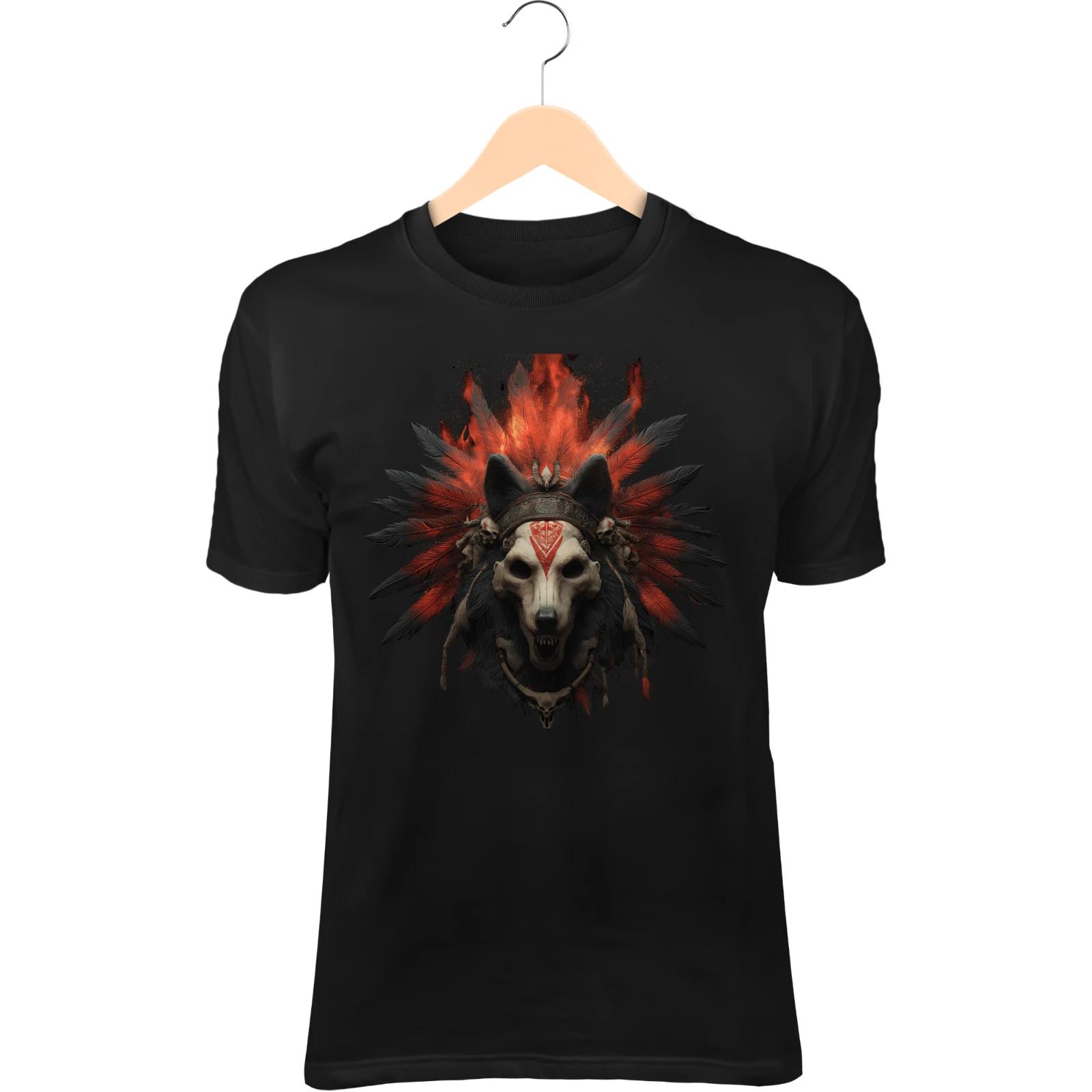 Primal Skull Hunter T-Shirt – Flaming Wolf Headdress, Red Tribal War Paint S