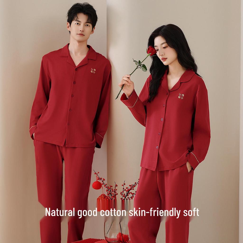 Unisex Wedding Couple Pajamas: Festive Red Pure Cotton Cardigan Set for Spring and Autumn
