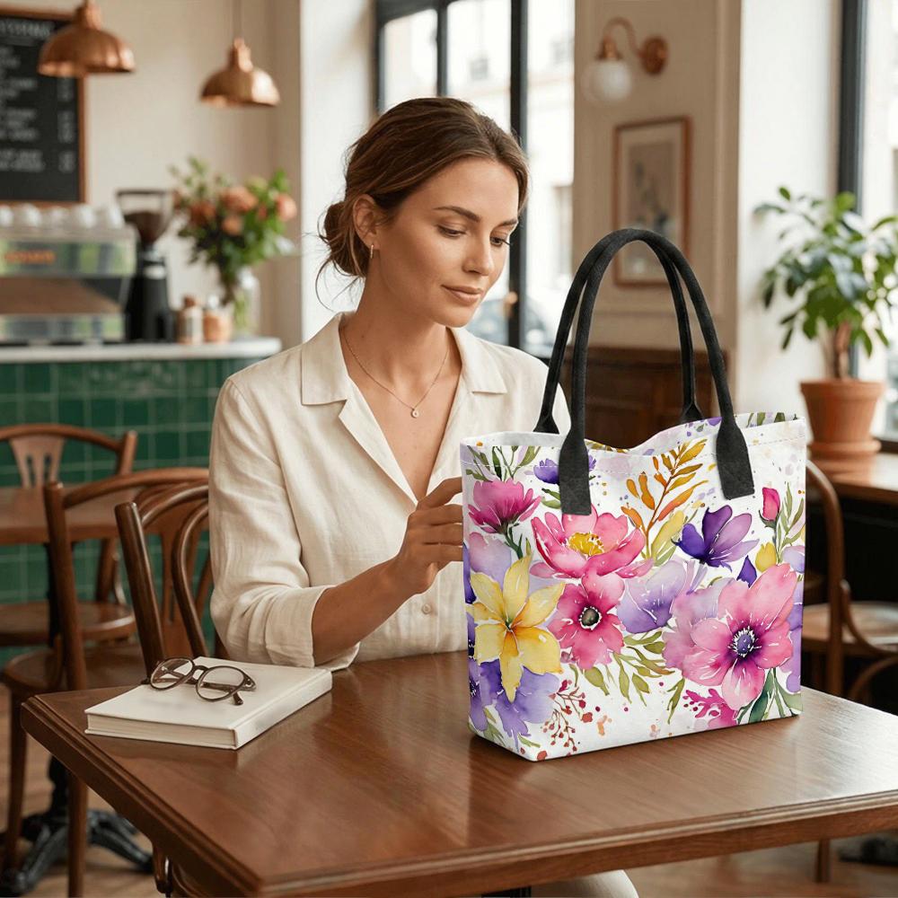  Watercolor Floral Canvas Tote Bag Large Capacity Reusable Fashion Casual Handbag for Women
