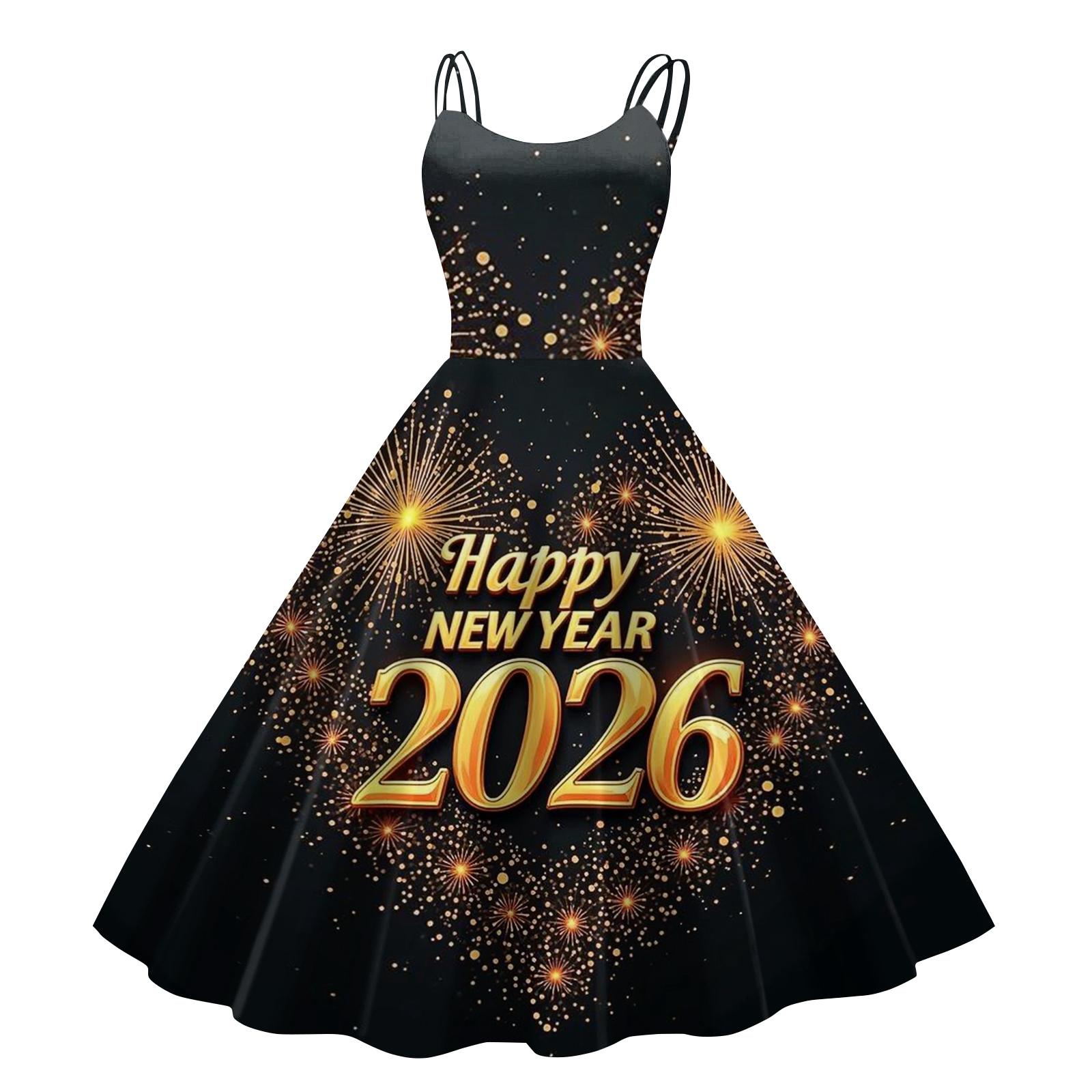 

Women s New Year Printed Casual Fashion Round Neck Midi Dress XXL помаранчевий
