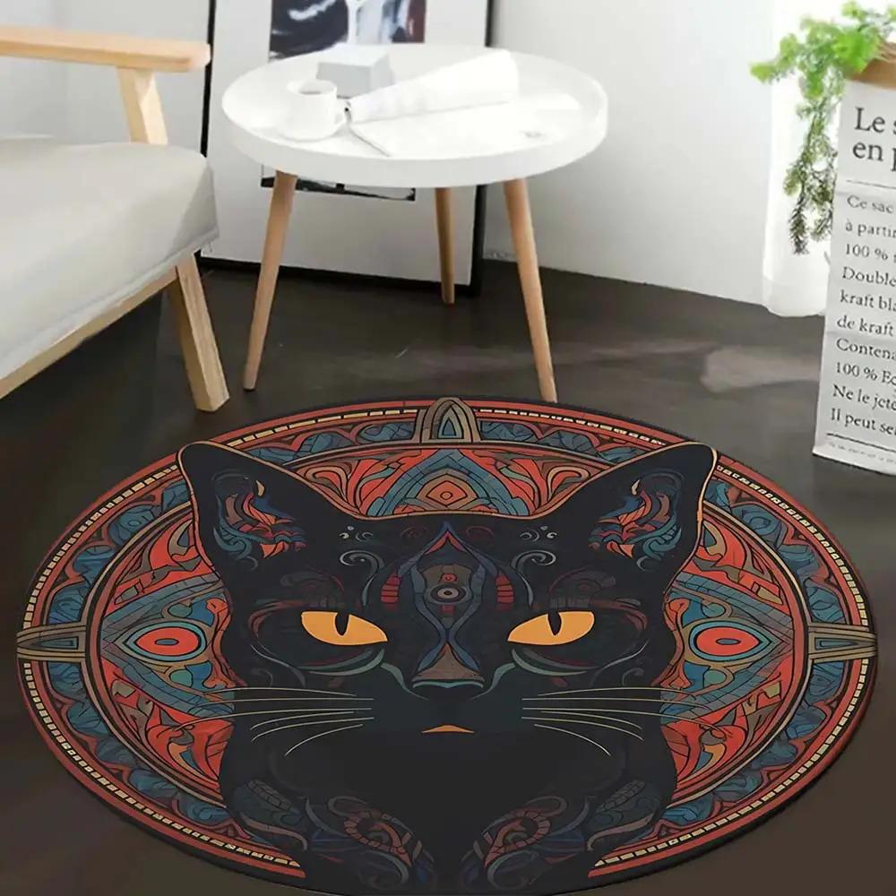 2D Flache, Runde Matte - Schwarze Katze mit Leuchtenden Augen Design, Rutschfeste Rückseite & Anti-Rutsch-Aufkleber, Hochwertiger 800gsm Kristallvelours