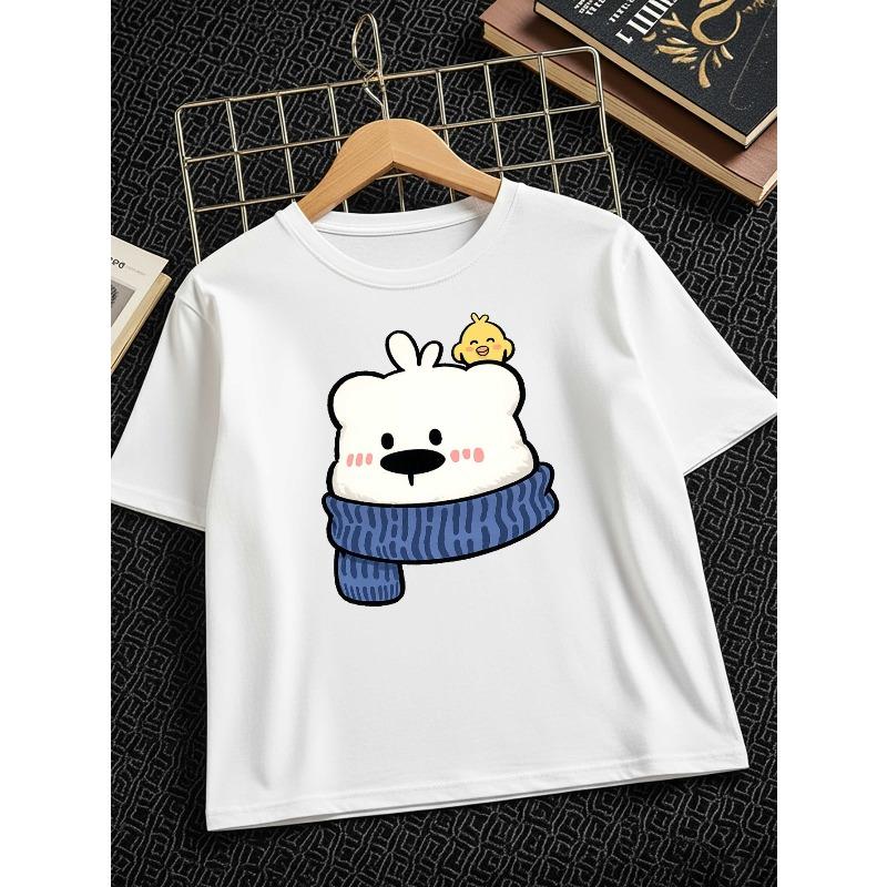 Kids Crewneck Short Sleeve T-Shirt, Cute Bear & Chick Print Casual Summer Kids Top 110