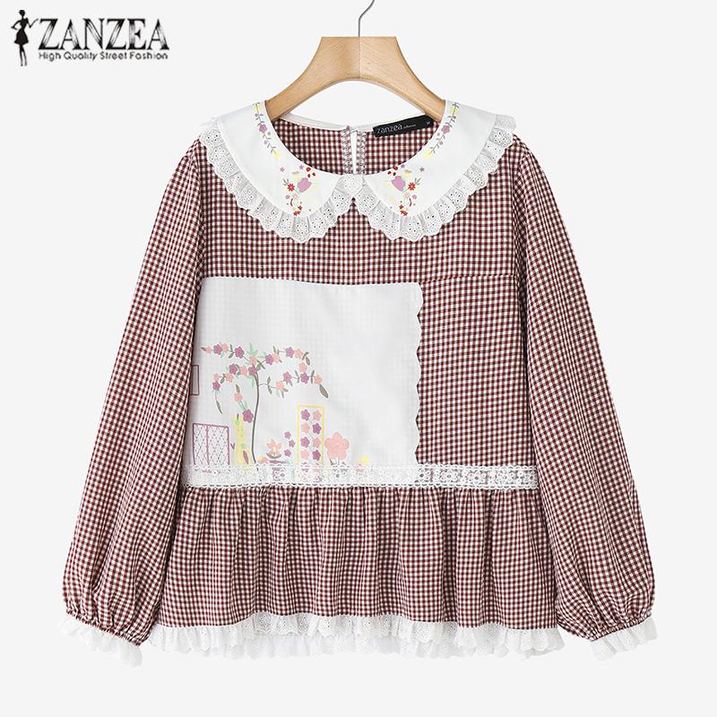 ZANZEA Women Casual Patchwork Doll Collar Loose Long Sleeve Plaid Blouse