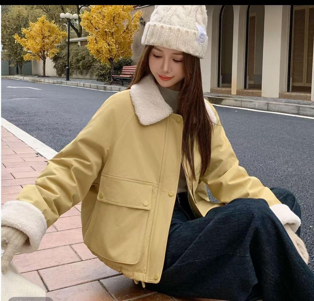 Women's 2024 Winter Korean-Style Lambswool Collar Fleece-Lined Jacket - Casual, Loose, Slimming Parka Top