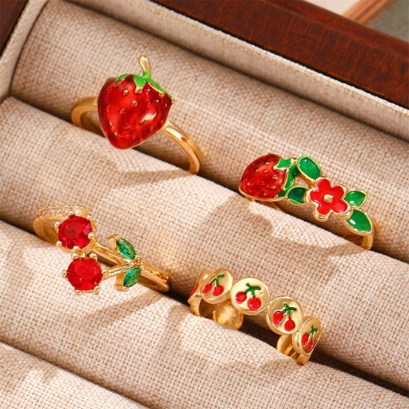 Elegant Cherry Rings Fashionable Rings Adjustable Open Rings Copper Texture Suitable for Dates Parties and Daily Outfits