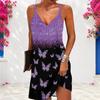 Women Plus Size V Neck Double Straps Sleeveless Purple Black Butterfly Printed Mini Dress