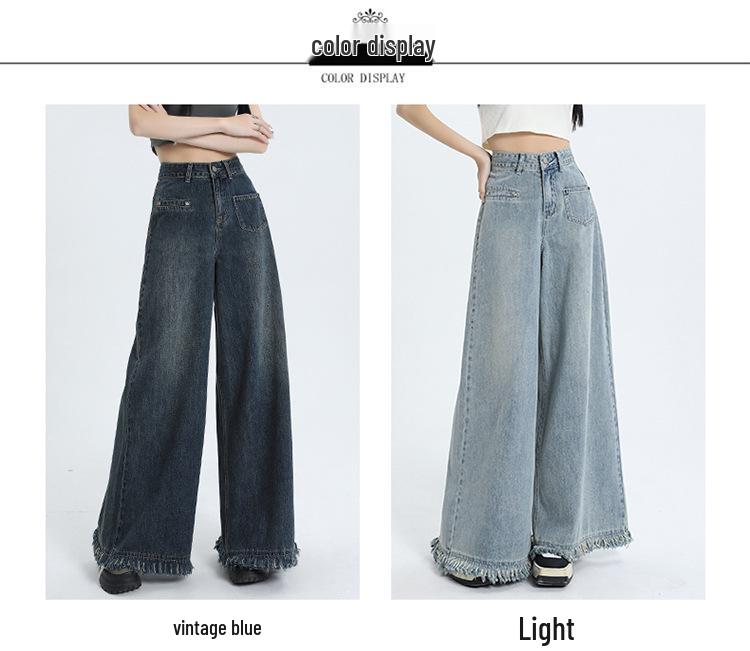 American Raw Edge Wide-Leg High-Waist Jeans for Women - Trendy Floor-Length Straight Pants