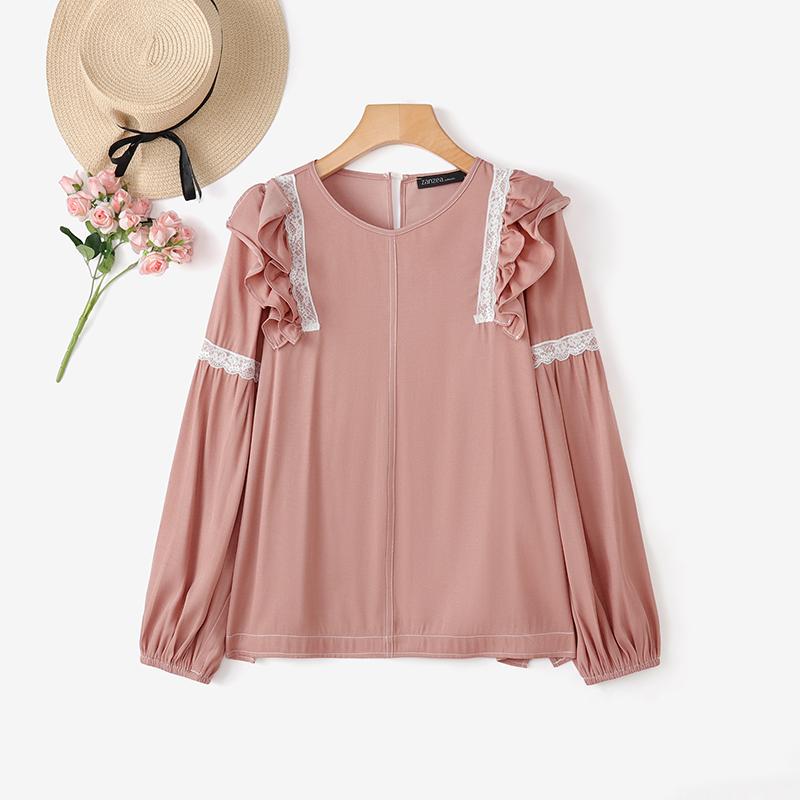 ZANZEA Bluză casual de damă cu gât rotund, mâneci lungi și inserții de dantelă