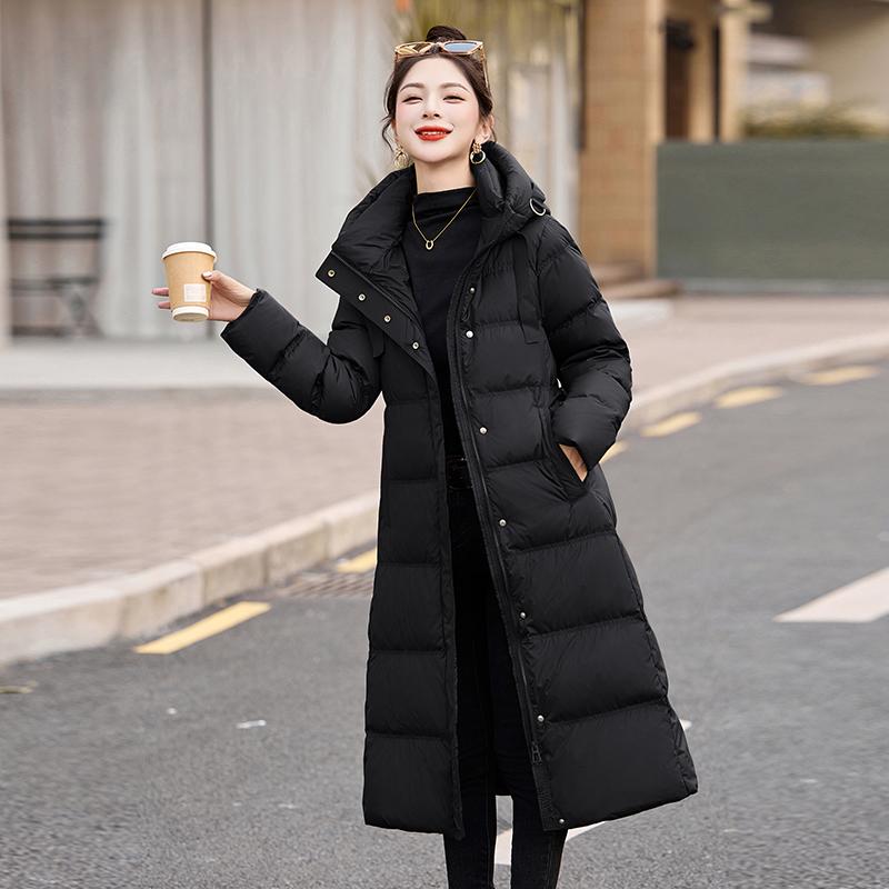 Daunenjacke Damen mittel und lang über dem Knie Winter neu Taille Temperament verdickt warm weiße Entendaunenjacke